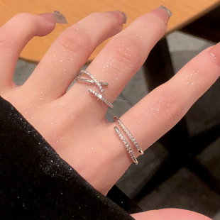 银町冷淡风双层钻戒指女小众设计锆石开口素圈对戒食尾戒女小指环