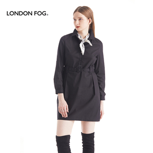 伦敦雾女秋季天丝棉弹力小翻领连衣裙黑色腰带衬衫式收腰长袖裙装