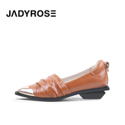 jadyrose金属尖头褶皱低跟单鞋女复古皱皮小皮鞋，欧美粗跟社交女鞋