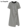 拉夏贝尔/La Chapelle夏季时髦开叉短袖连衣裙女修身显瘦条纹裙子