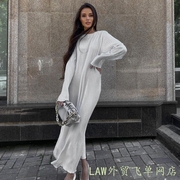 Sexy waist slimming dress elegant连衣裙百褶圆领长袖纯色宽松