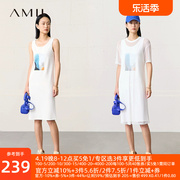 amii2024夏网纱印花白色，连衣裙女背心裙时尚，透视裙子两件套