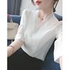 白色雪纺衬衫女士韩版七分袖，夏季设计感小众衬衣2023v领上衣
