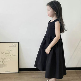 女童夏季无袖连衣裙夏装韩版时尚拼接休闲裙子小女孩洋气黑色长裙