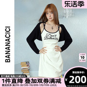 bananacici2024年夏季美式复古交叉肩带印花针织，吊带连衣裙