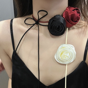 玫瑰花颈链choker项圈丝带，绑发法式复古夏季少女颈带锁骨链项链