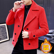 短款个性翻领风衣男士，帅气潮流红色呢子外套，冬季加绒加厚毛呢夹克