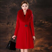 秋冬款狐狸毛领羊绒，大衣女小个子中长款红色修身显瘦羊毛呢外套