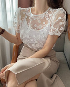 韩国东大门短袖网纱上衣女，2024夏季圆领，刺绣花朵欧根纱短衬衫