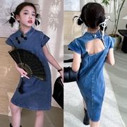 女童夏款连衣裙2024中国风小个子牛仔旗袍裙夏季儿童裙子短袖