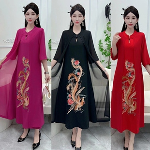 新中式民族风中年妈妈，假两件套重工刺绣凤凰七分袖连衣裙中国风