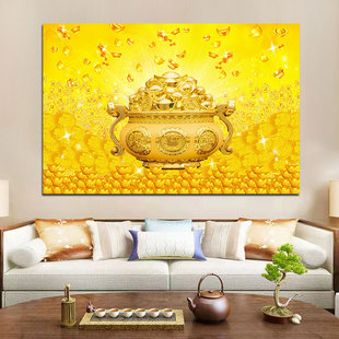 聚宝盆装饰画黄金满地财源滚滚餐厅客厅沙发背景墙，挂画金元宝壁画