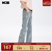 高杨同款 iconslab 贴布十字星微喇裤做旧牛仔裤设计感裤子潮