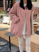 糖果色韩版棉衣棉服圆领设计感2023中长款夹棉宽松高中学生外套女
