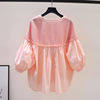 韩国粉色灯笼袖甜美娃娃衫女夏季木耳边衬衫针织拼接棉布宽松衬衣