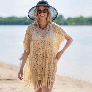 火凤凰-流2022杏色针织，沙滩罩衫性感流苏，镂空度假衫比基尼罩