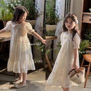 麦迦2024夏韩版女童娃娃领刺绣连衣裙中大儿童泡泡袖公主裙子