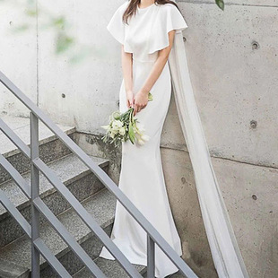 轻婚纱鱼尾2023森系长款修身高贵优雅显瘦新娘宴会白色礼服裙