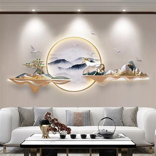 新中式客厅装饰画沙发背景墙浮雕氛围，发光餐厅立体圆形山水壁挂画