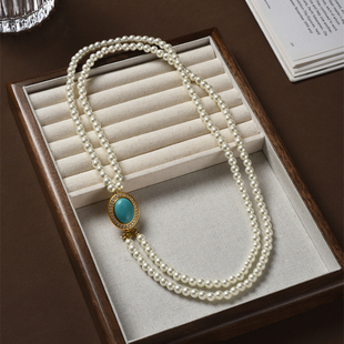 椭圆绿松石镶钻双层珍珠项链女欧美轻奢小众设计宫廷风宝石毛衣链