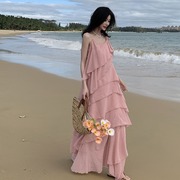 法式超仙荷叶边气质飘带长裙粉色海边度假氛围感拍照蛋糕连衣裙女
