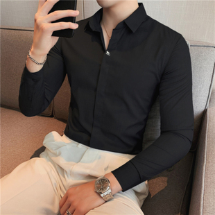 高级感衬衫男士长袖暗门襟免烫，抗皱衬衣韩版修身潮流黑色寸衫刺绣