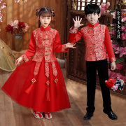 女童唐装男童中山装中国风绸缎儿童，秀禾服红色，拜年服中式花童礼服