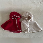 韩国进口婴幼童装时尚洋气，羊羔绒红色连帽斗篷，防风潮搭披风