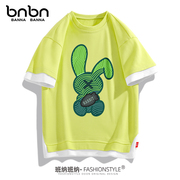 男童假两件短袖t恤纯棉夏季上衣2024夏装洋气绿色兔子童装潮