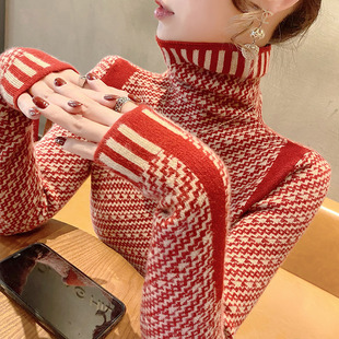 红色高领毛衣女(毛衣女，)打底衫时髦时尚，洋气秋装2023年秋冬内搭