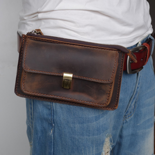 手工牛皮多功能横款手机，包烟包男士户外拉链零钱包，穿皮带腰包真皮