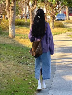 紫色毛衣开衫女2023早秋温柔韩系减龄学院，风v领显瘦针织外套