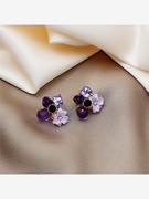 银针韩国ins紫色镶钻猫眼石水晶，花朵耳环仙女，甜美复古设计感耳饰