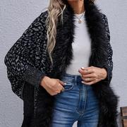 豹纹毛衣毛领披肩针织外套Women wool collar shawl knitted coat