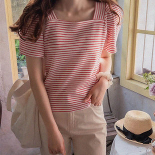 时尚起义韩国甜美森女风方领泡泡袖，棉质短袖t恤le23052902