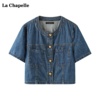 拉夏贝尔LaChapelle复古牛仔外套女夏季圆领短袖披肩衬衫上衣
