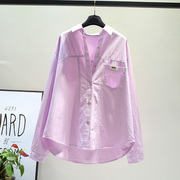 春季浅紫色不规则长袖棉布，衬衫女2024韩范设计感百搭休闲上衣