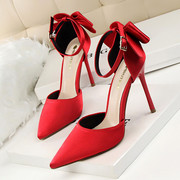 尖头凉鞋女春夏10cm超高跟细跟蝴蝶结一字扣带包头职业鞋红色婚鞋