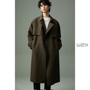 w2x2023春秋季双排扣风衣，男中长宽松系带外套，设计感高端上衣