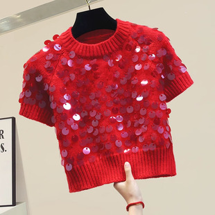 红色毛衣女(毛衣女)秋装2023韩版时尚百搭重工亮片短袖宽松套头针织衫