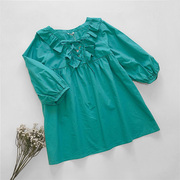日本夏季甜美松石绿荷叶边系带衬衫纯棉宽松七分袖娃娃衫中袖衬衣