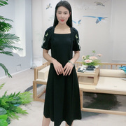 夏季中国风灯笼袖棉质精致绣花百搭黑色显瘦气质短袖女连衣裙