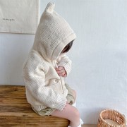 女童连帽外套加绒加厚男宝宝针织开衫婴儿毛衣，公主洋气羊羔绒冬装