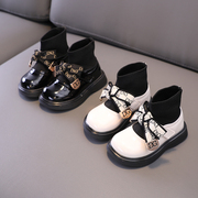 女童公主皮鞋秋冬宝宝单靴软底，儿童袜子靴，1一3-5岁二棉加绒短靴子