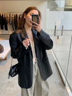  2024春季韩国女装宽松百搭黑色中长款西装皮衣外套显瘦