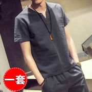 夏季亚麻短袖T恤男士复古V领上衣韩版棉麻套装中国风半袖麻料衣服