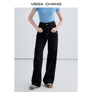 vegachang黑色牛仔裤，女2024年春季中高腰，明线直筒阔腿裤子