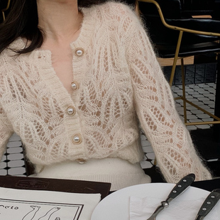 法式马海毛春款白色镂空薄款针织开衫2021年毛衣外套女上衣