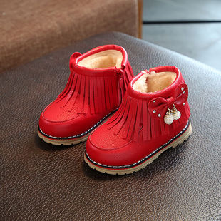 儿童鞋雪地靴2023冬季新女童(新女童，)短靴子，小童流苏靴宝宝防水皮靴马丁靴