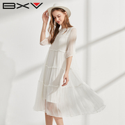BXV真丝连衣裙女中长款2023夏桑蚕丝蛋糕裙飘逸白色长裙仙女裙子